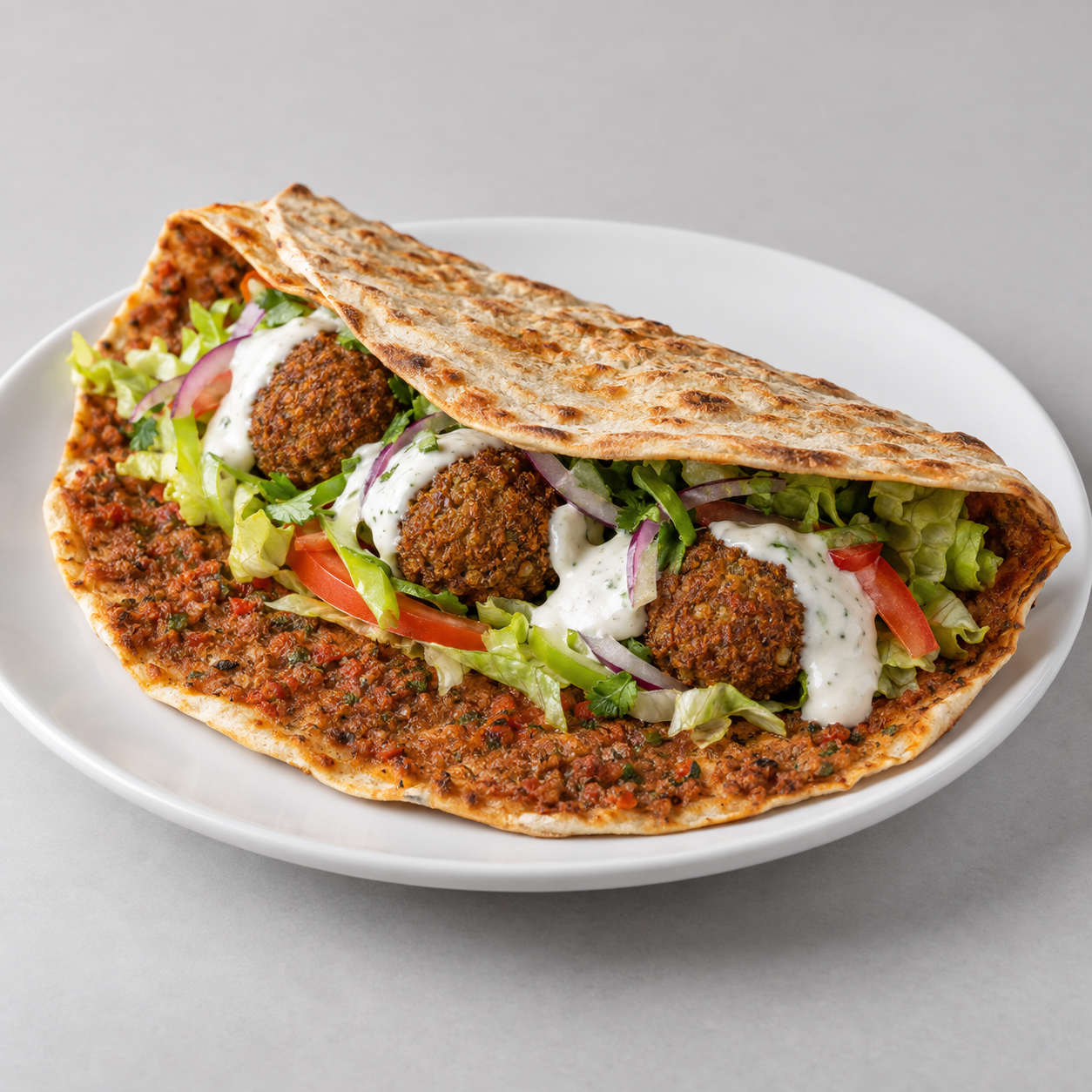 Lahmacun mit Falafel, Salat und Sauce