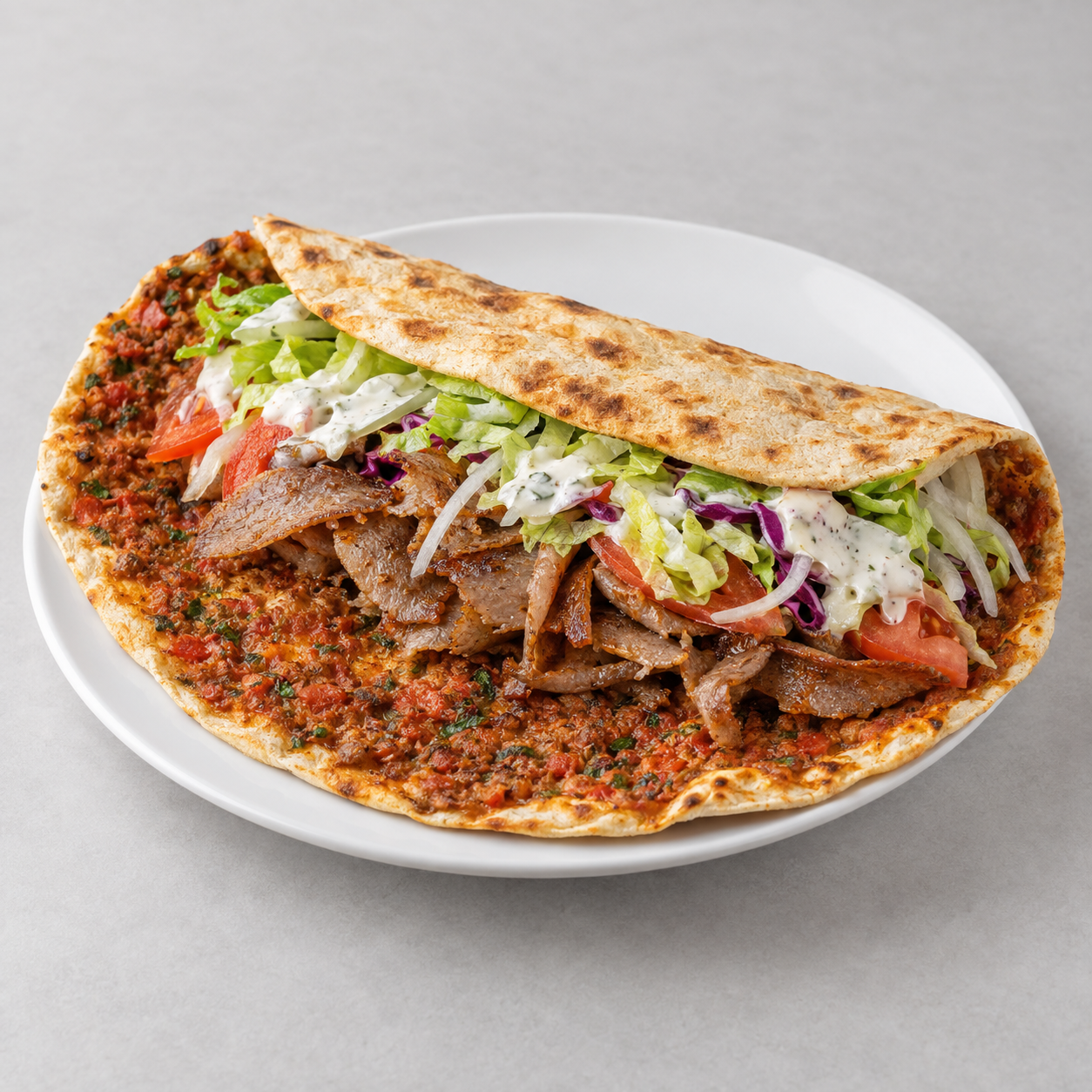 Lahmacun mit Dönerfleisch, Salat und Sauce